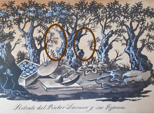 Retrato del Pintor Lozano y su Espoza. (sic), Portrait of Painter Lozano and his Wife). Their profiles in center, encircled in red: Lozano, left; his wife, Maria, right. (From the Ayala Album)