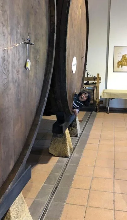 Dr. Mariles Valte punctuates her birthday celebration with a full body visit inside a cider barrel in Asturias.  (Photo by Cherie M. Querol Moreno)