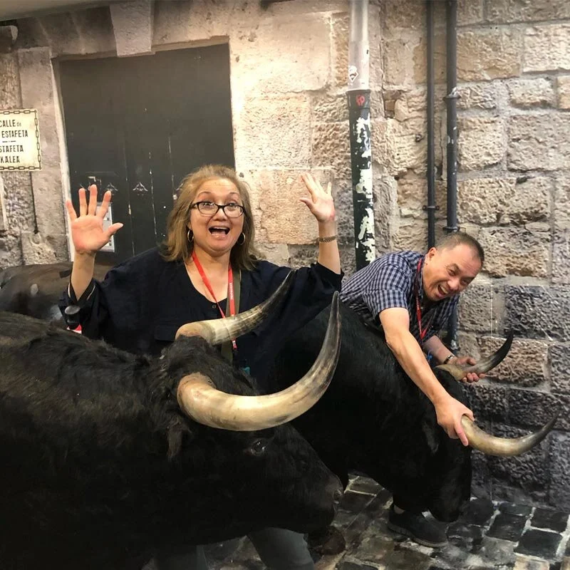 Author “runs” with the bulls in Pamplona.&nbsp;(Photo by Fran Sealey)