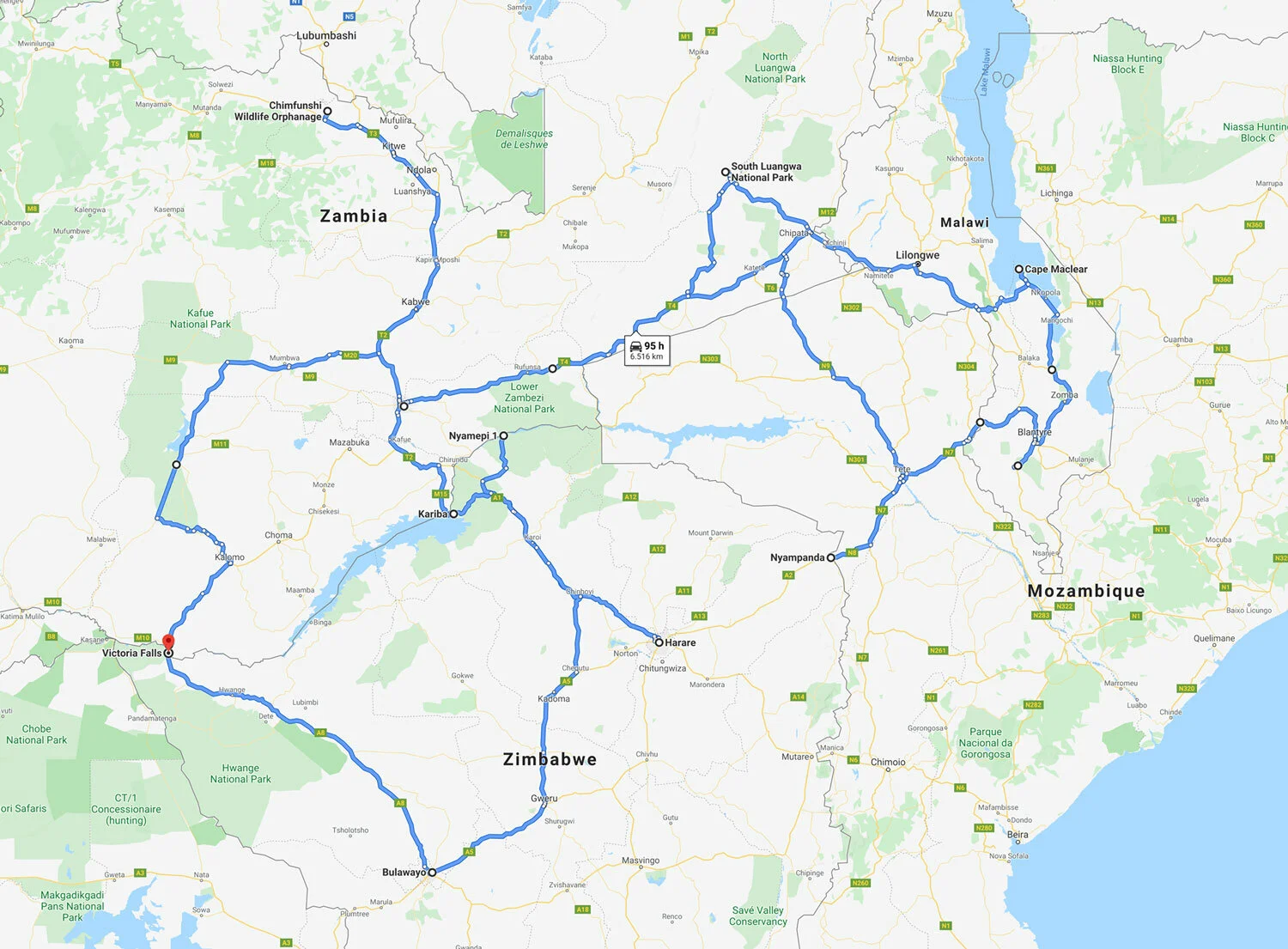 Overview of the self-drive expedition across Zambia, Malawi, and Zimbabwe
