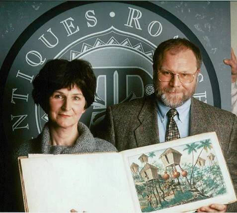 The lucky Belgian banker Jean Flebus and his wife, Hilda, showing off the treasured Lozano album when it appeared at the UK Antiques Roadshow, June 1995.
