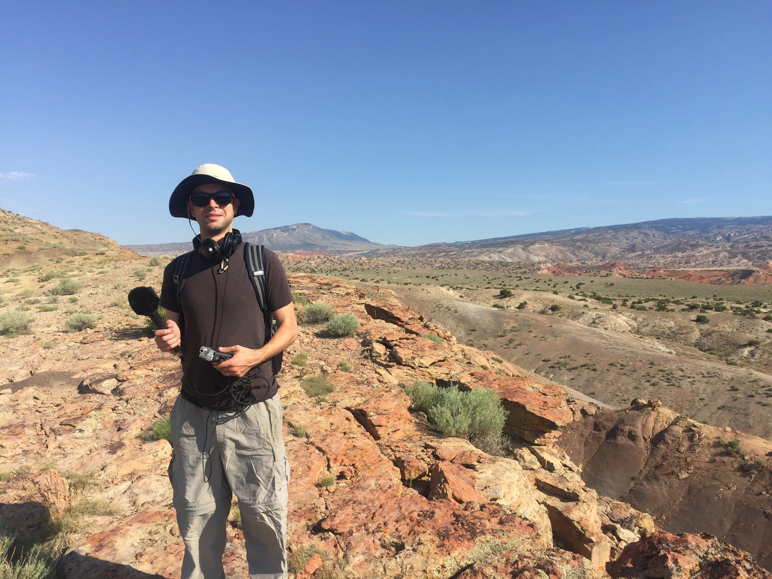 Chris demonstrates the latest and greatest in field recording fashion.
