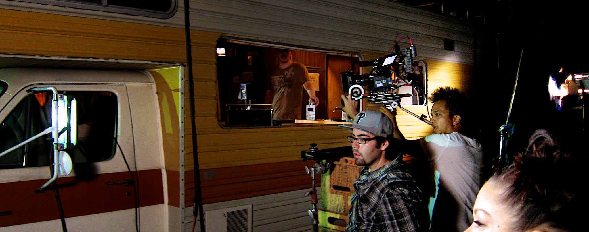 Me (with the crazy hair) and 1st AC Joshua Butt (in the cap), on set in the California desert. Photo Will Potter 