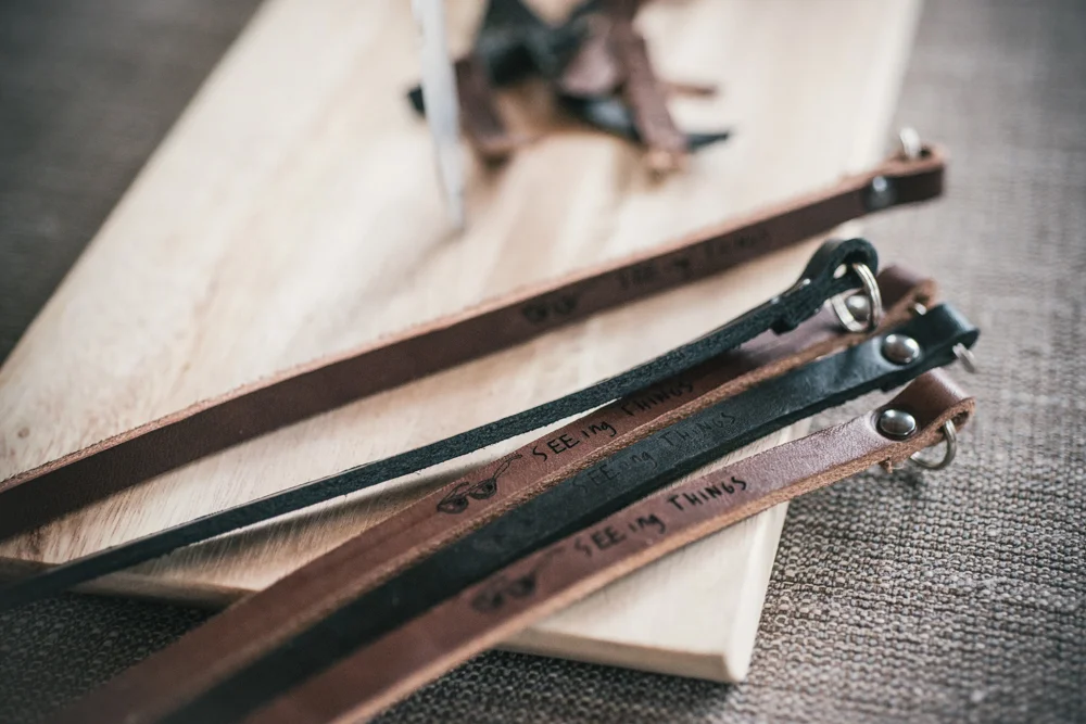 Our custom leather camera straps for Seeing Things Gallery!
