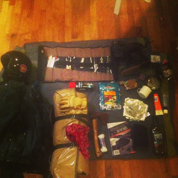 A weekends worth of supplies for motortouring - All rolled into a swag