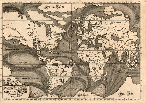   Early Ocean Currents, Eberhard Werner Happel, Die Ebbe und Fluth auff einer Flachen Landt-Karten fürgestelt. Ulm, 1685    Copyright © The British Library  