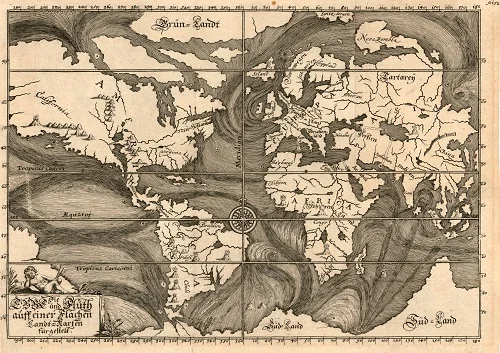 Early Ocean Currents, Eberhard Werner Happel, Die Ebbe und Fluth auff einer Flachen Landt-Karten fürgestelt. Ulm, 1685 Copyright © The British Library