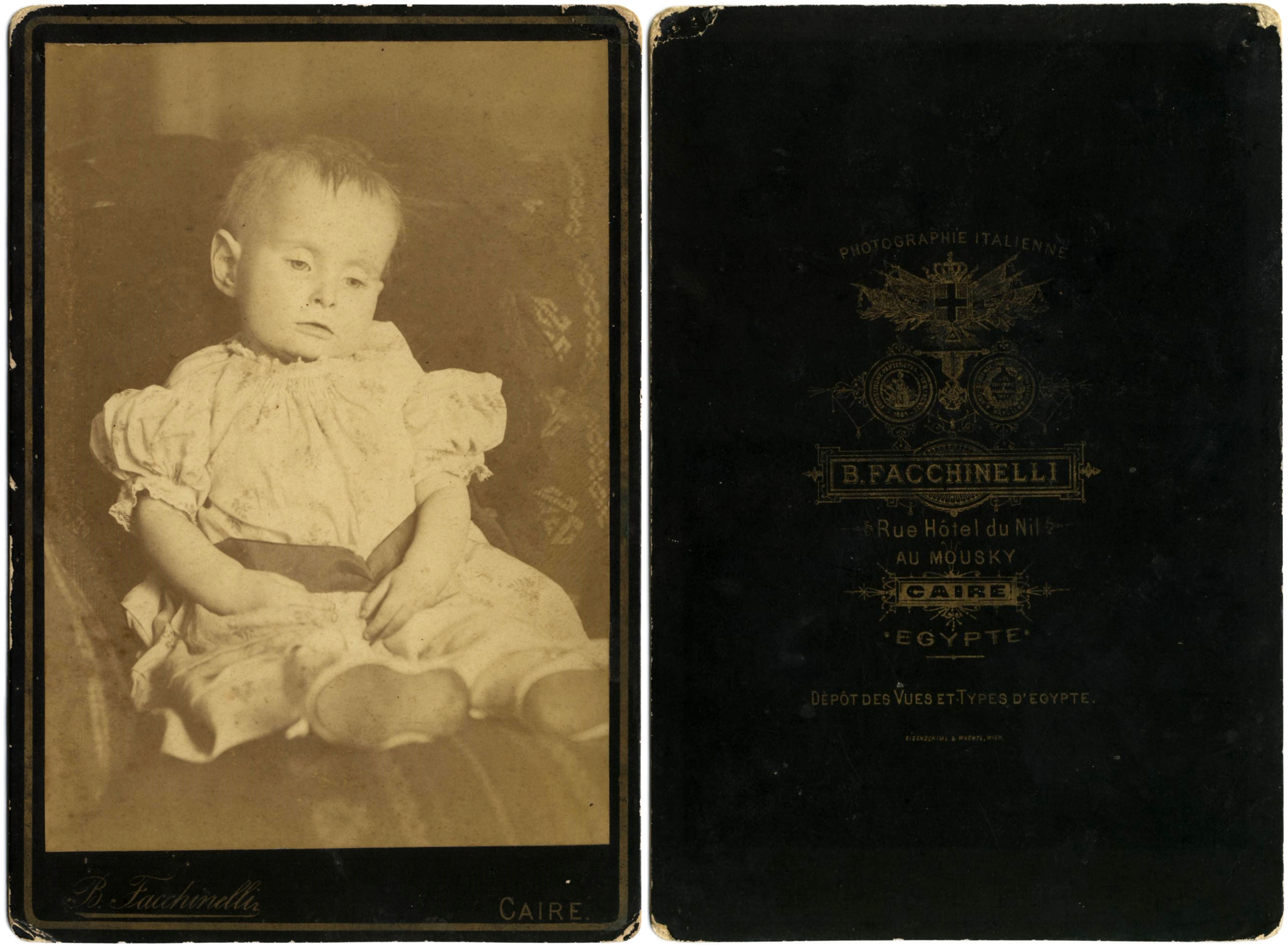 Cabinet card postmortem photograph of a deceased child. Recto and verso images shown. Beniamino Facchinelli (c. 1829 – c. 1897)