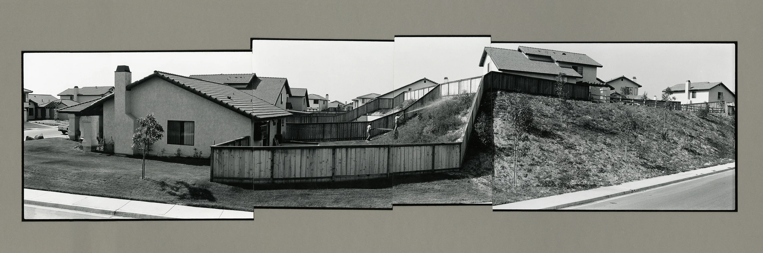 Phel Steinmetz, untitled (fenced backyard), 1986, vintage gelatin silver prints on board, 16 x 44 inches 
