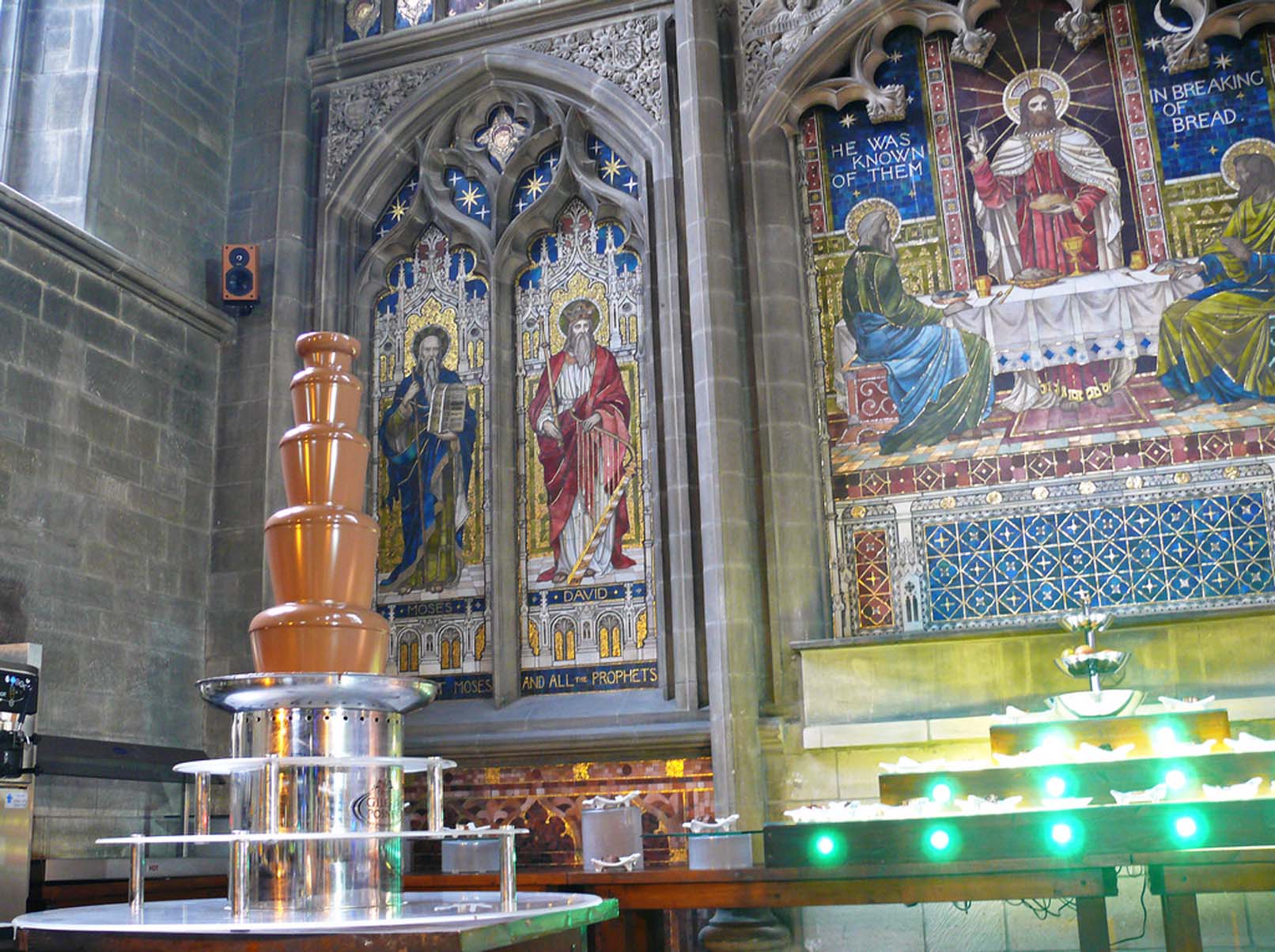 Chocolate Fountain in former church, Derby. The Caravan Gallery