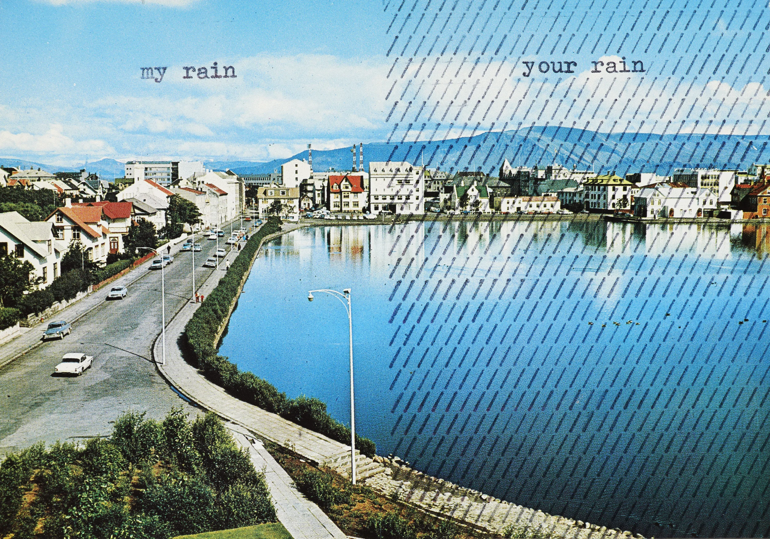 Endre Tót, My Rain-Your Rain , 1971-78, typewriting on postcard, 3 ⅞ x 5 ⅞ in. Courtesy of acb Gallery, Budapest. © Endre Tót, image courtesy of acb Gallery, Budapest