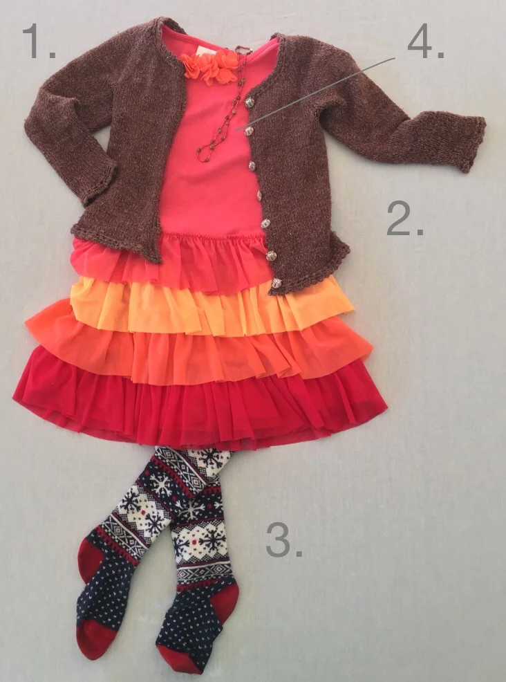 1. Cardigan handknit by Mommy. 2. Summer dress by Hanna Andersson. 3. Christmas tights by Hanna Andersson. 4. Navajo juniper berry necklace, to ward off nightmares.