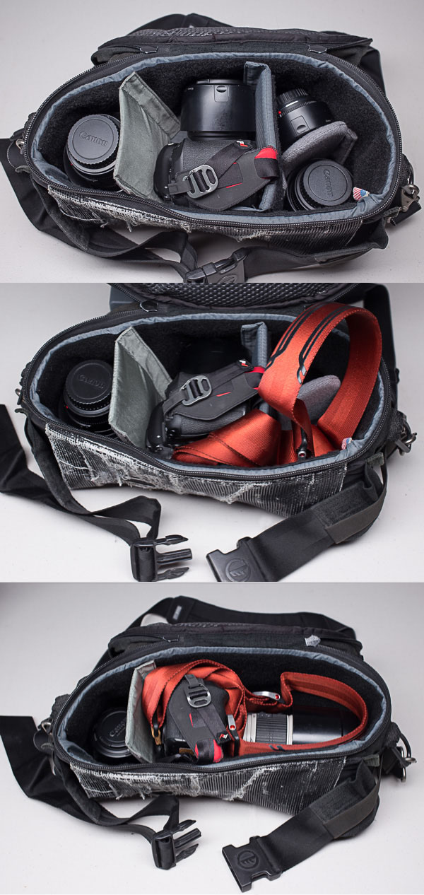 Tamrac 707 Half-Moon shown at top with a Canon 5Diii, 135mm, 85mm, 50mm, and 35mm. In the middle I've added my Peak Design strap. At the bottom it is packed with a Canon 5Diii, 70-200 f/4, and 50mm lens.
