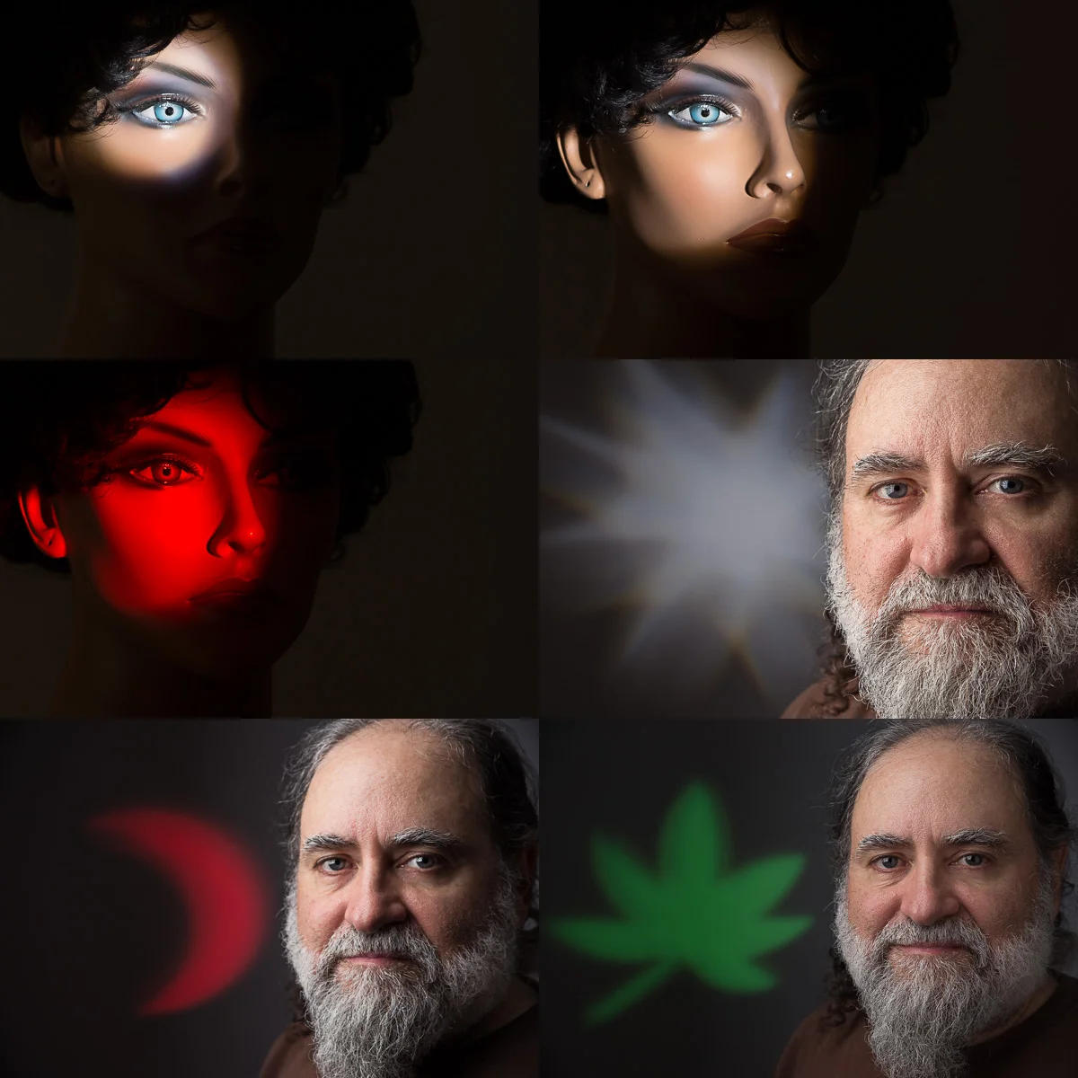 Gobo patterns and color filters on the optical spotlight on the mannequin and on the background of the selfies (main light on the selfies is a 2x3 Interfit softbox).