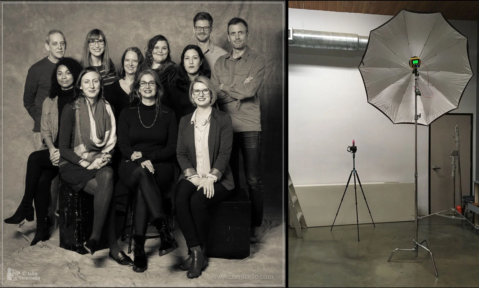 Staff photo for PCNW in Seattle lit with one Interfit Badger Unleashed strobe in a 60-inch umbrella to camera left as seen in the BTS photo.