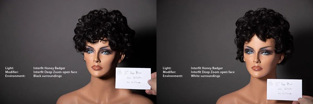 Here with a smaller, harder light source, an 11-inch deep metal dish reflector it is easier to see the shadow edge quality remaining the same while the density of the shadows (contrast) changes depending on the environment.