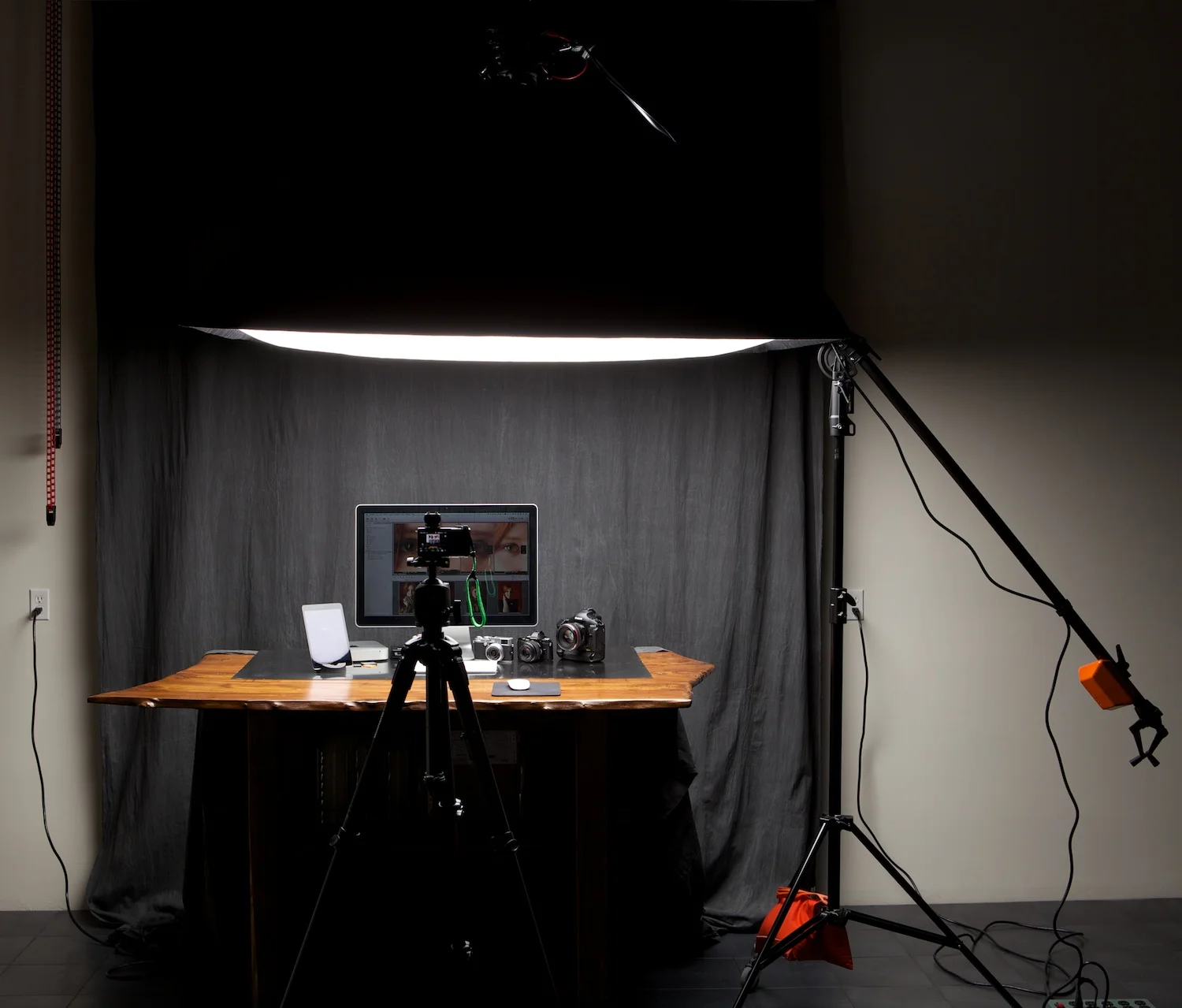 The setup… one big light and lots of gear. A few gobo cards ended up moving in to block a few untoward reflections as well.