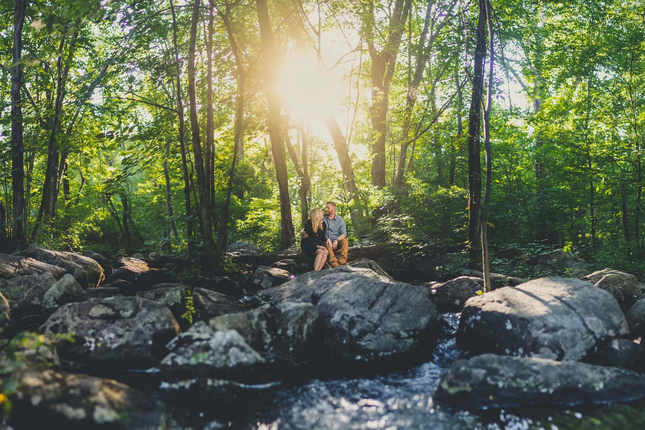 A couple sitting on rocks in a lush, green forest with sunlight filtering through the trees.