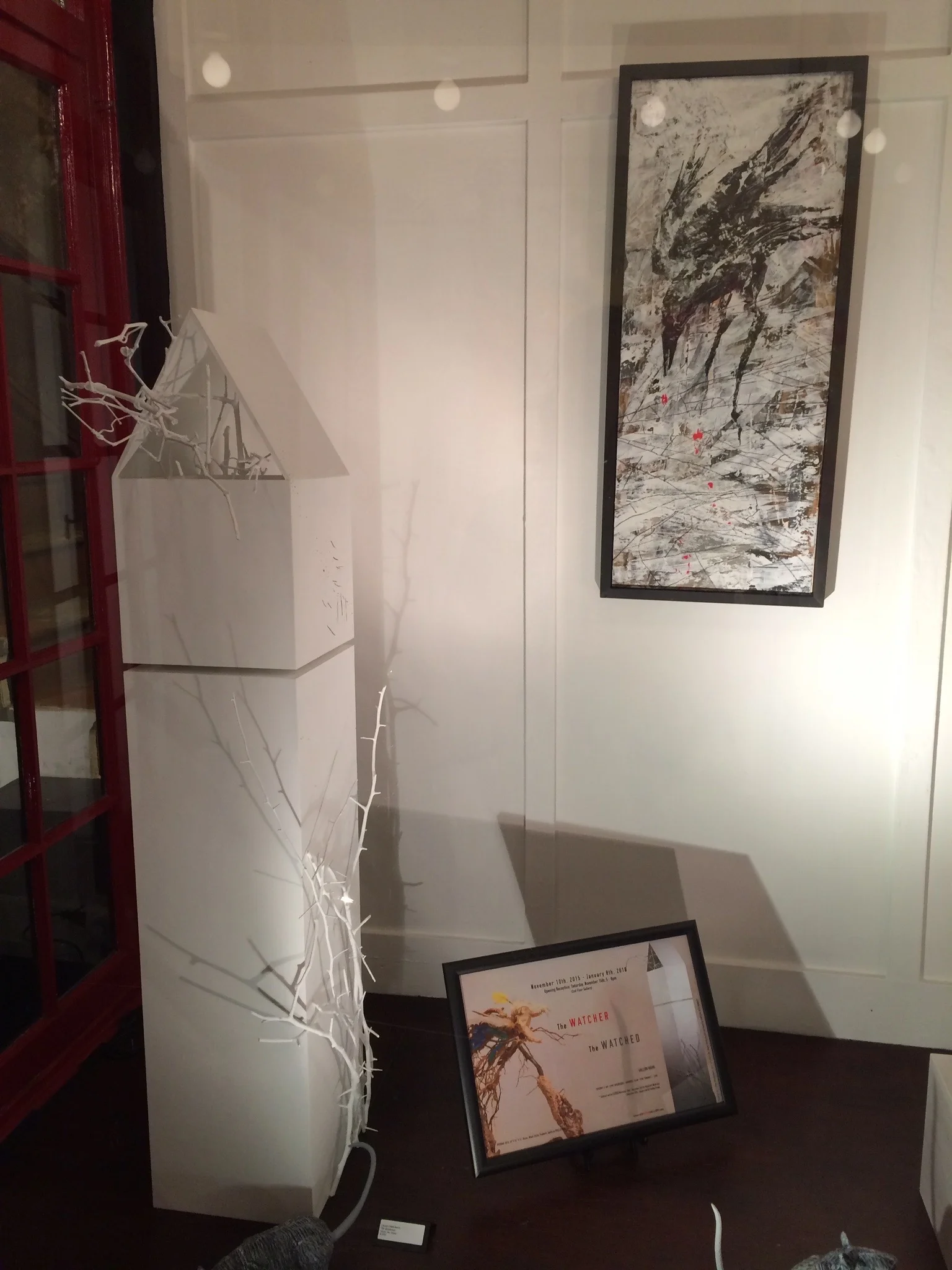 The Woodsman. Wood, sticks, gesso, acrylic ink. Irina Koukhanova's Rats snooping alongside, and Irina's work on the wall.