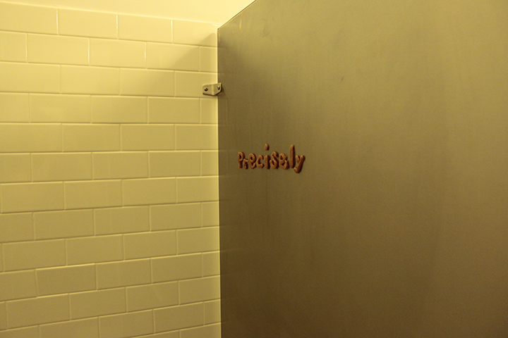   Precisely , 2013, wax and hair from artist’s body installed in restroom stall, 3.5” x 11” x .5” 