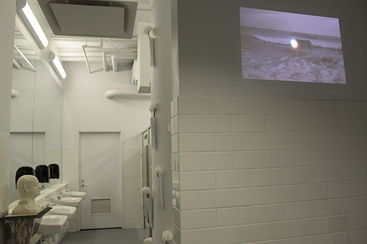  Soap bust of Ric Petry by Kim Webb, Toilet paper flowers on column by Bec Ulrich, Video projection by Lauren Payne 