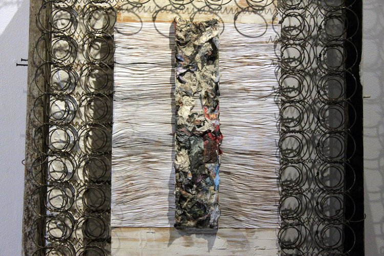   It was the whiteness of the whale that above all things appalled me ., 2015, found wood, wire, joint compound, wood glue, wheat paste, plaster, paper, ink, 82” x 28” x 5” 