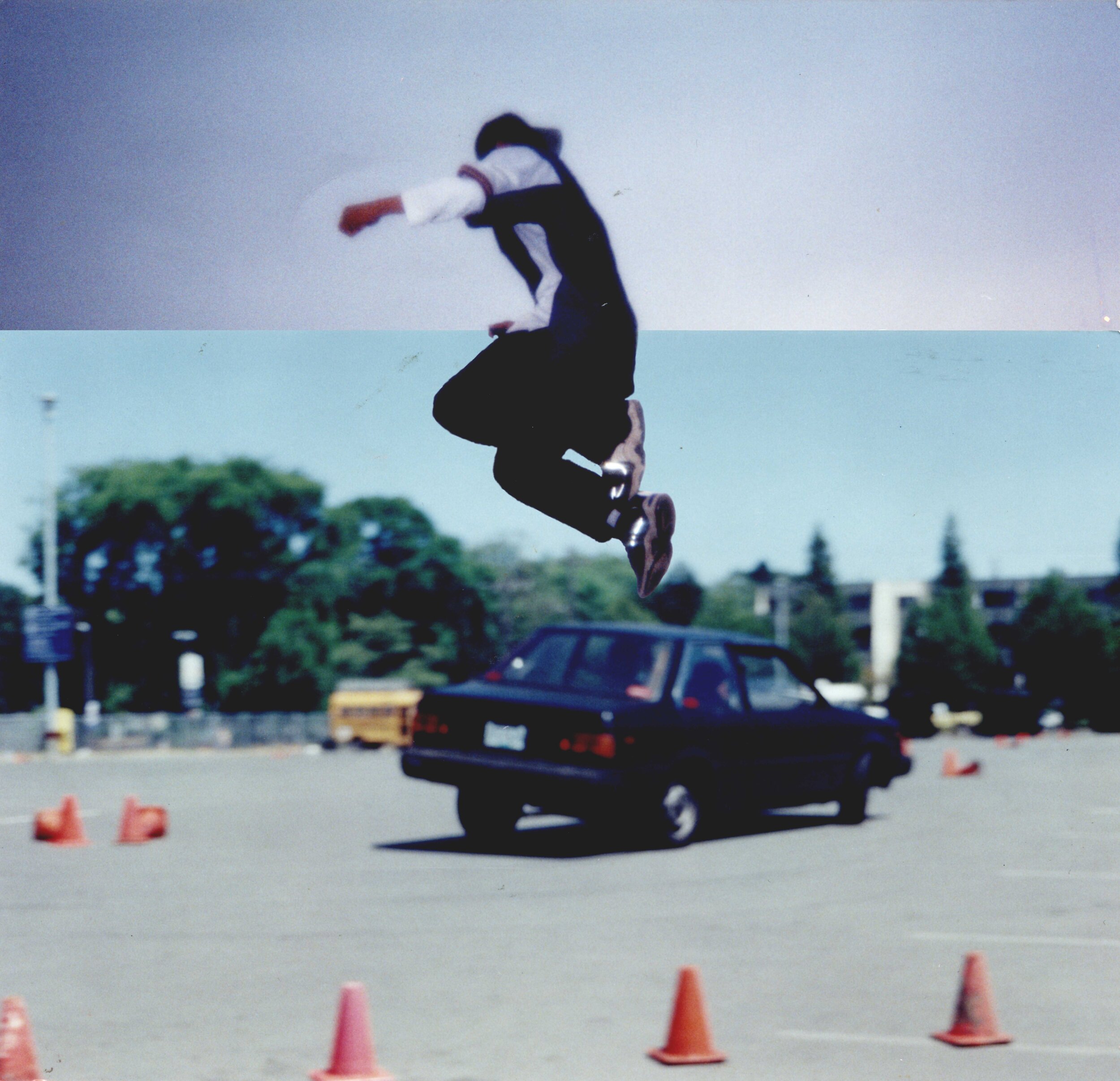 Here is another example where I do not attempt to hide the seam. In this case, the scene relates more to teenaged memories of skateboarding and learning how to drive.