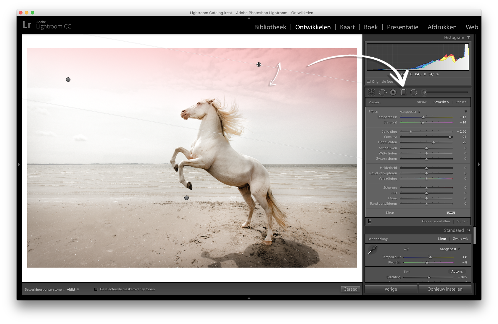 Select the gradient adjustment tool and drag the selection you want to adjust with the sliders. (click to enlarge)
