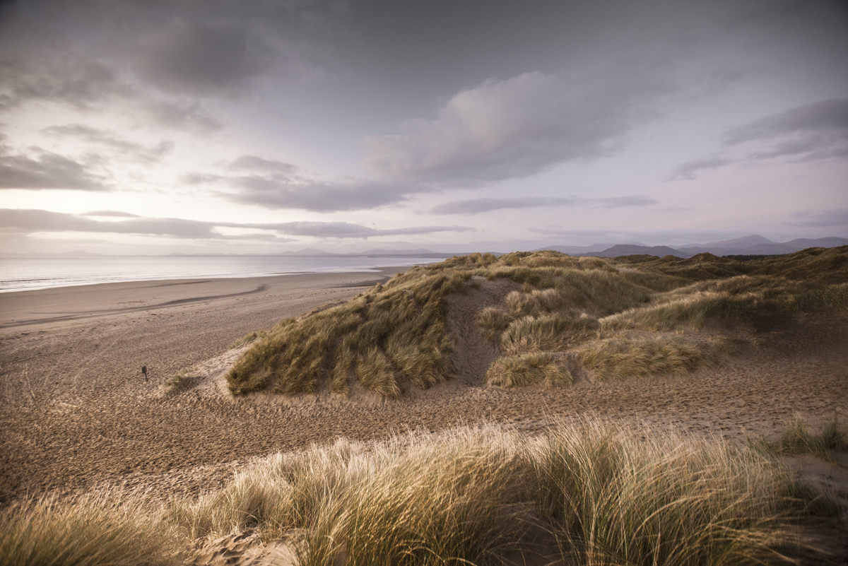 Duneland with a Snowdonia horizon in the background.