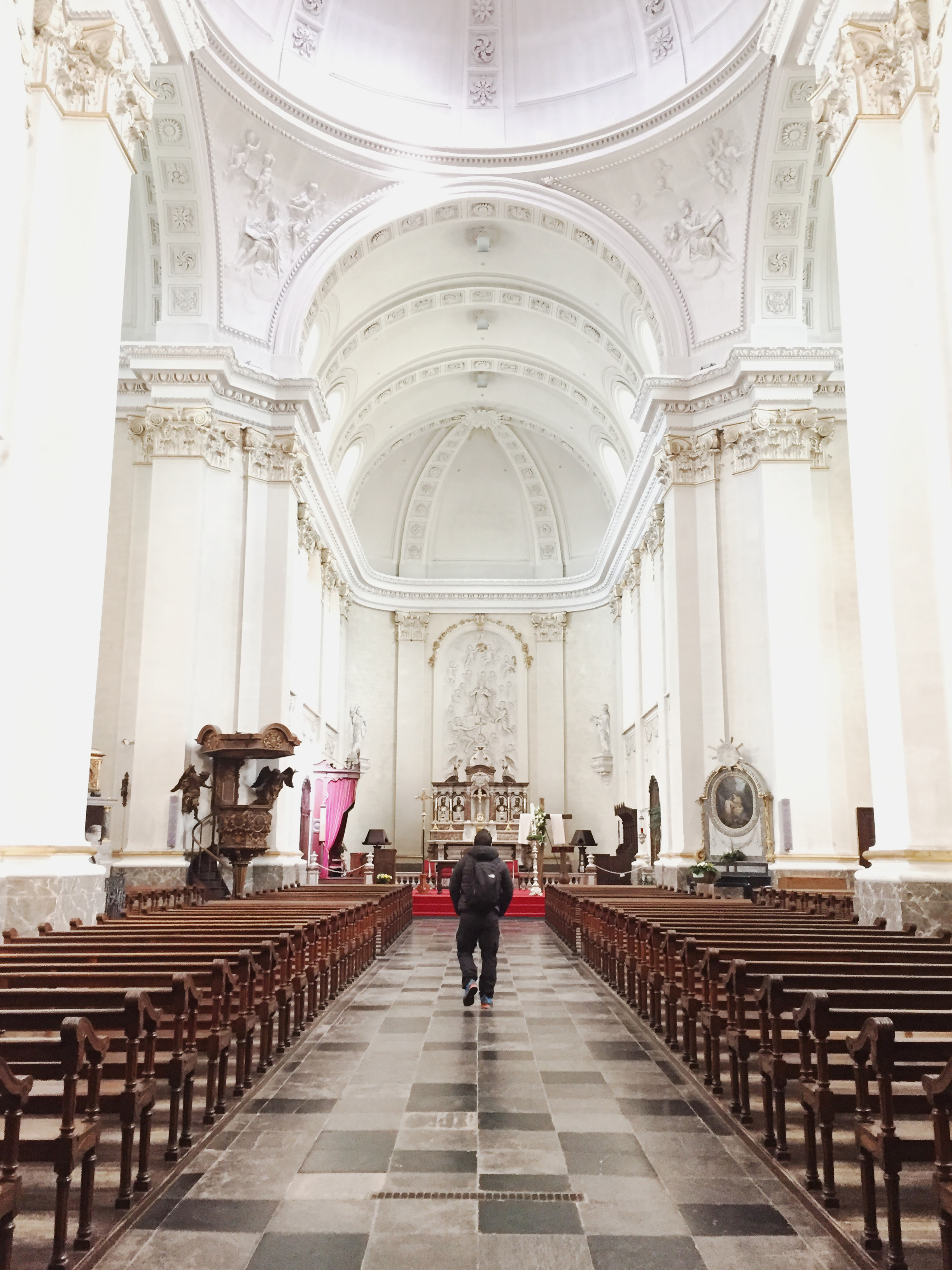 Inside the Malmedy cathedral. The high altar is made of marble and dates back to 1877.