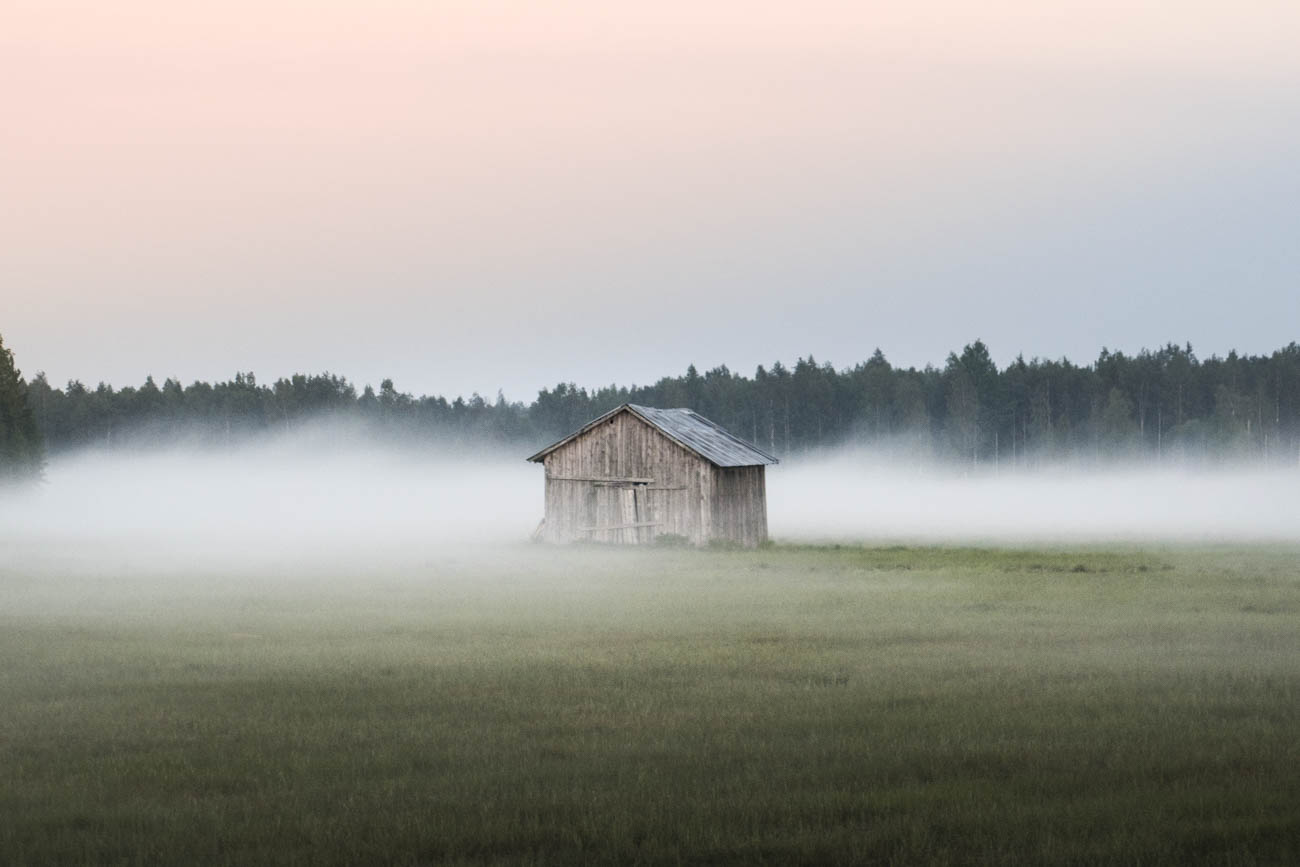 The evening mist begins to shroud one of the many traditional Swedish Barns, that are scattered all around.