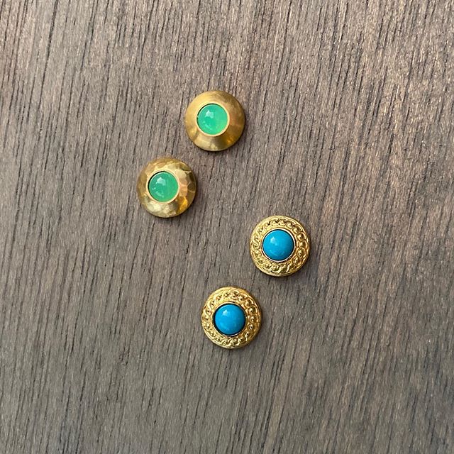 Pop of color! Working on two sets of 22K gold button stud earrings that would also be fabulous as cuff links. #LilyBoothCollection #BoothCustomJewelers #22kgold #studearrings #finecufflinks #seafoamgreen #turquoiseearrings #fivepointsraleigh