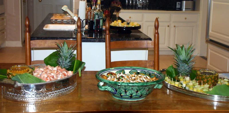 Shrimp with Rendang Dip, Dried, Fried Anchovies with Nuts, and Rojak Salad with Dressing