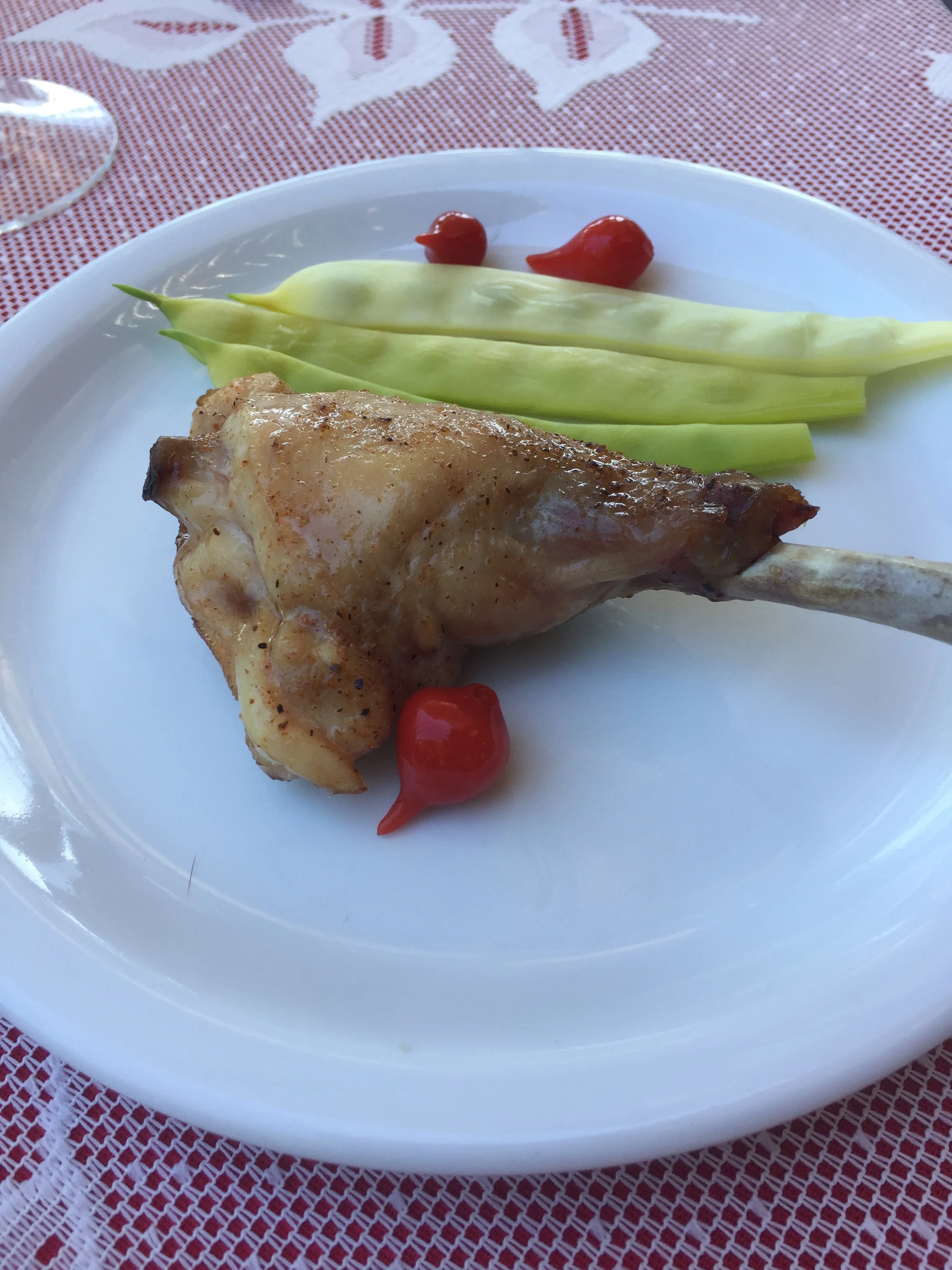 Roasted Rabbit with Steamed Pellegrini Beans and Petite Poivrons (Sweet and sour Peruvian peppers -- I intend to buy a jar of these adorable peppers soon.)