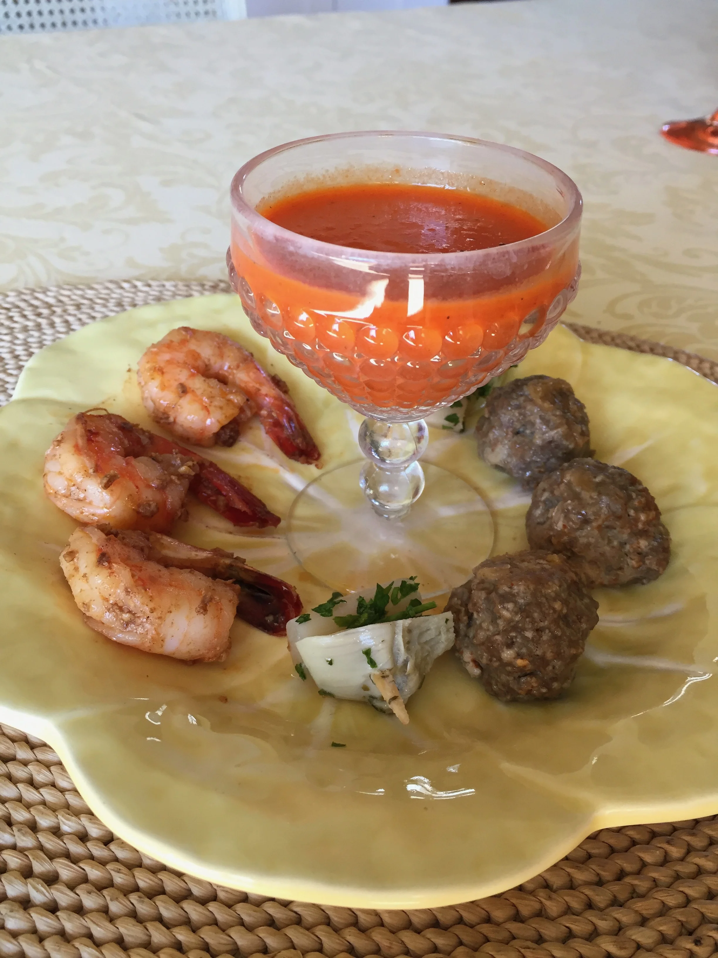 PINTXO PARTY FOOD: cold red pepper soup, garlic shrimp with piment d'Espellette, lamb meatballs, and pickled artichokes with garlic mayonnaise.