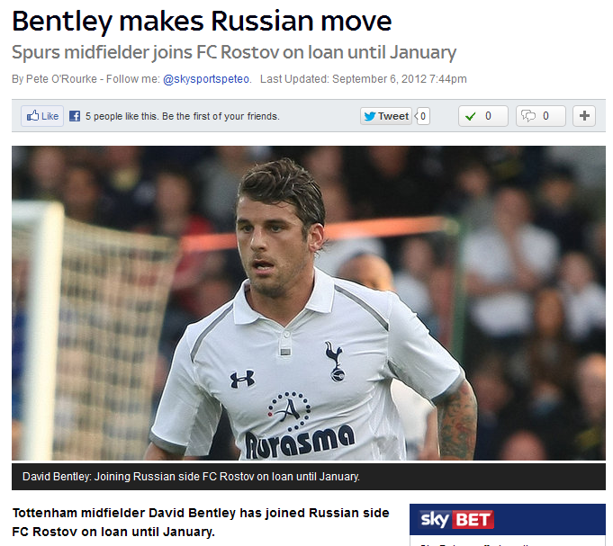 Bentley driven to Russia. "Tottenham midfielder David Bentley has joined Russian side FC Rostov on loan until January".
Further and further away from those glory days with the skip.