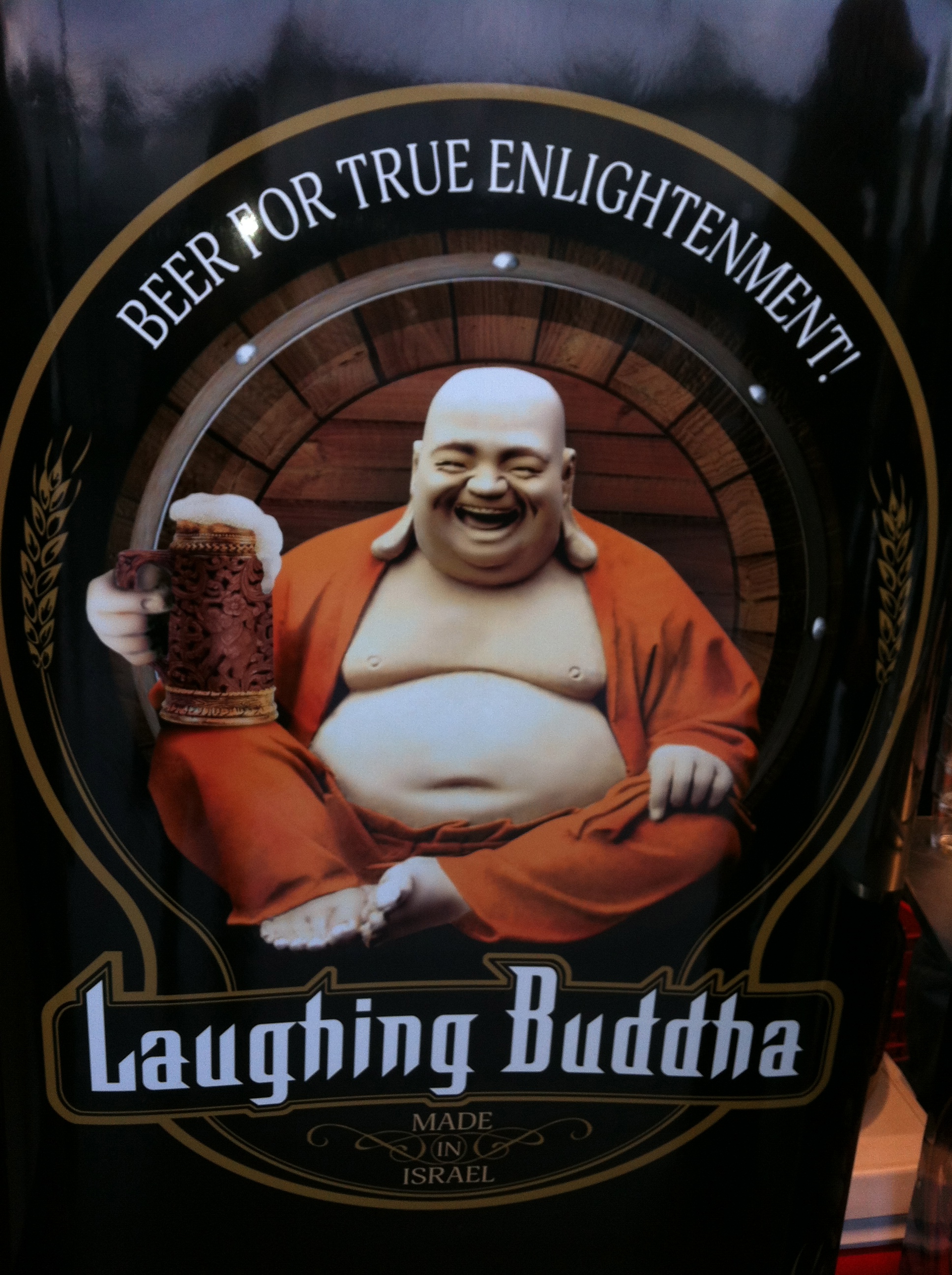 Close-up of the Laughing Buddha Beer