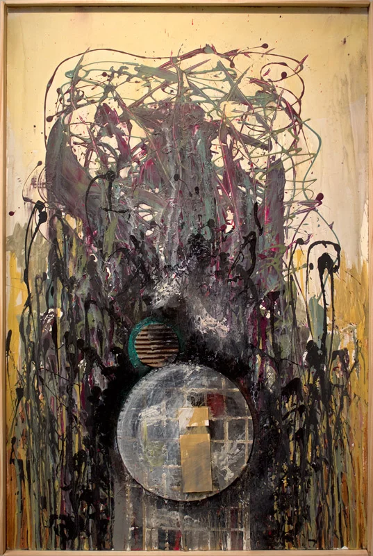 Go home and get some sleep. It's probably nothing. | Found paint, mixed media on panel | 24x36