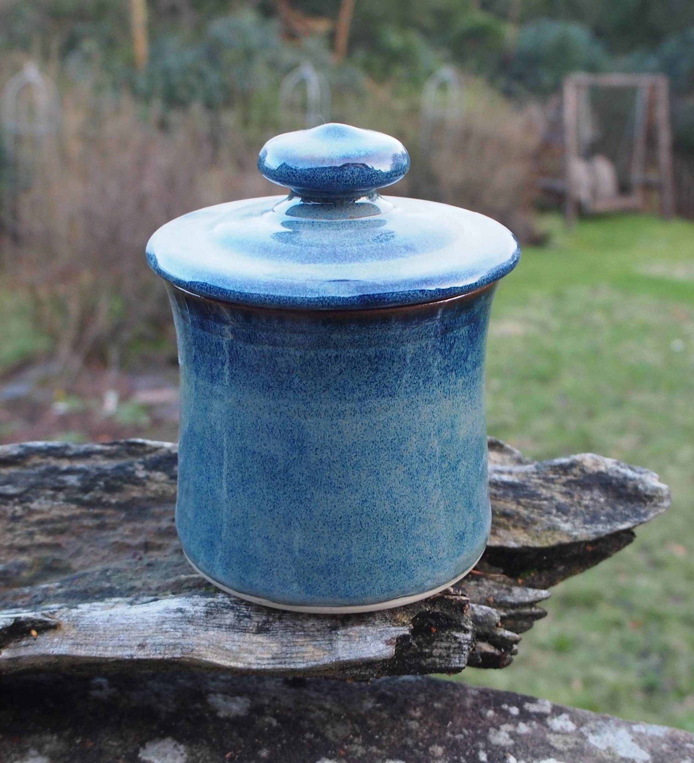 Small lidded container: 8 cms high, 9cms wide (without lid) Smoky blue. £22.50