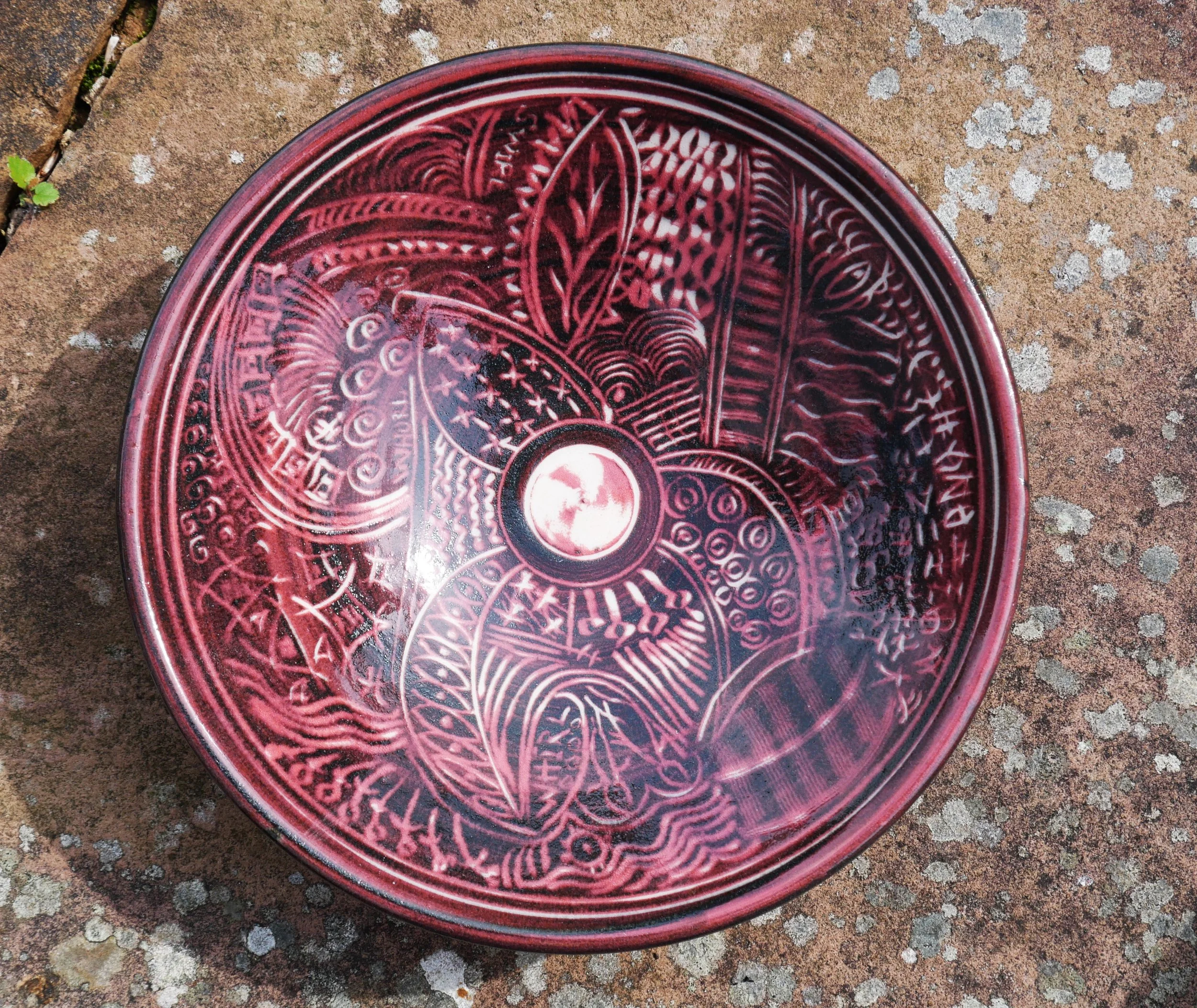   Sgraffito....red on white slip, clear glaze.    25 x 7.5 cms    £65.00  