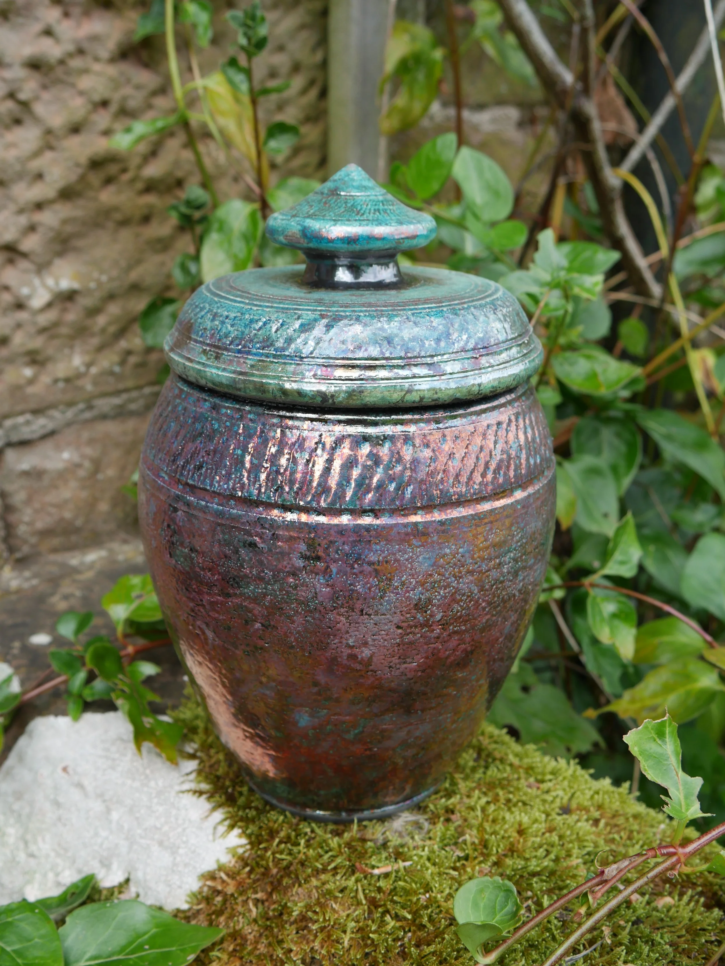   Raku-fired lidded jar    21 cms high, 13 cms wide    £70.00  