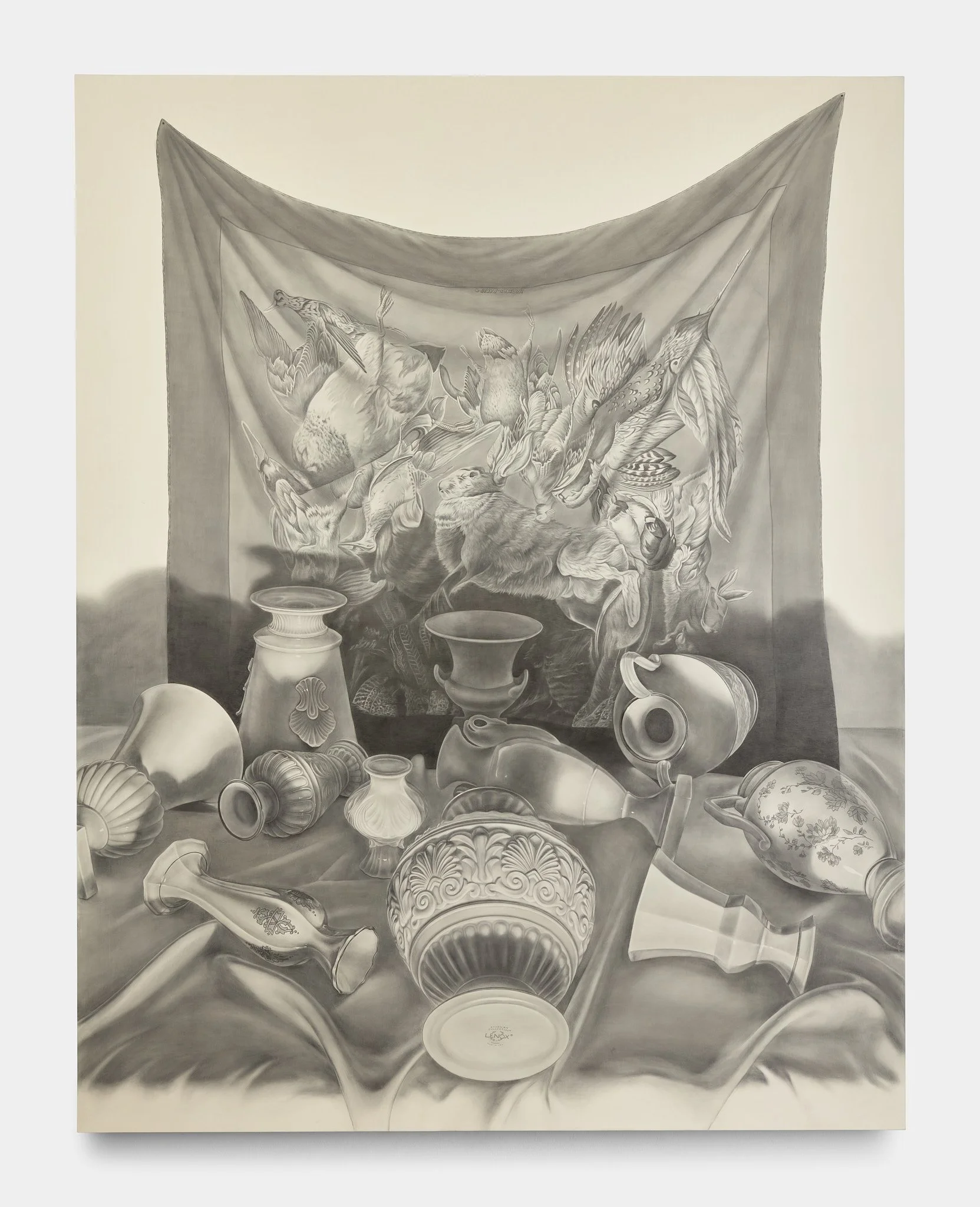 A metalpoint and graphite drawing featuring Lenox vases, and a Hermes scarf with game animals on it.