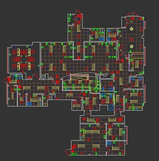 Floor plan diagram with various rooms and structural elements, featuring multiple color-coded components and annotations.