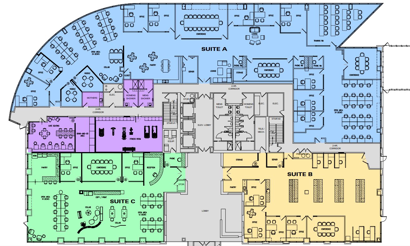 Floor plan of an office building with multiple suites labeled Suite A, Suite B, Suite C, and other areas. Suites contain office spaces, conference rooms, open work areas, and amenities. The layout includes elevators, staircases, restrooms, storage rooms, and a fitness room.