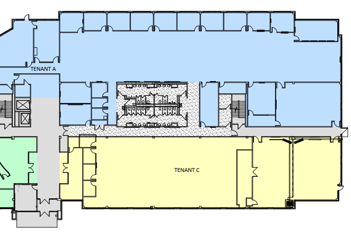 Floor plan showing two color-coded tenant areas: blue at the top and left, yellow at the bottom, with gray and green sections, staircases, and elevator shafts in the center.