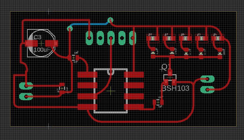 3_attiny85_transistor - The piece with the Via. And the curvy routes. The really S shaped route tool is a bit hard to control without clicking a lot, so I found myself switching back and forth between downward shaped S and upward shaped S curves. Sometimes it resulted in weird clunky areas I guess I forgot to resolve, as in the far left spot. Otherwise though, I like how this board turned out the most of all, especially as it was the most complicated and took some time thinking about specific pieces, as well as continually referencing the electrical schematic.