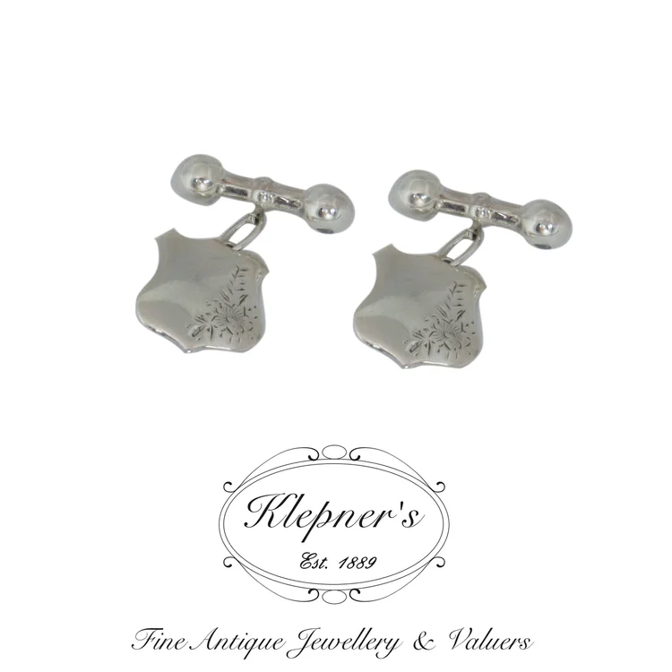 Boutons De Manchette Vintage Plaqués Argent - Style Blason, Occasion, Pour Homme