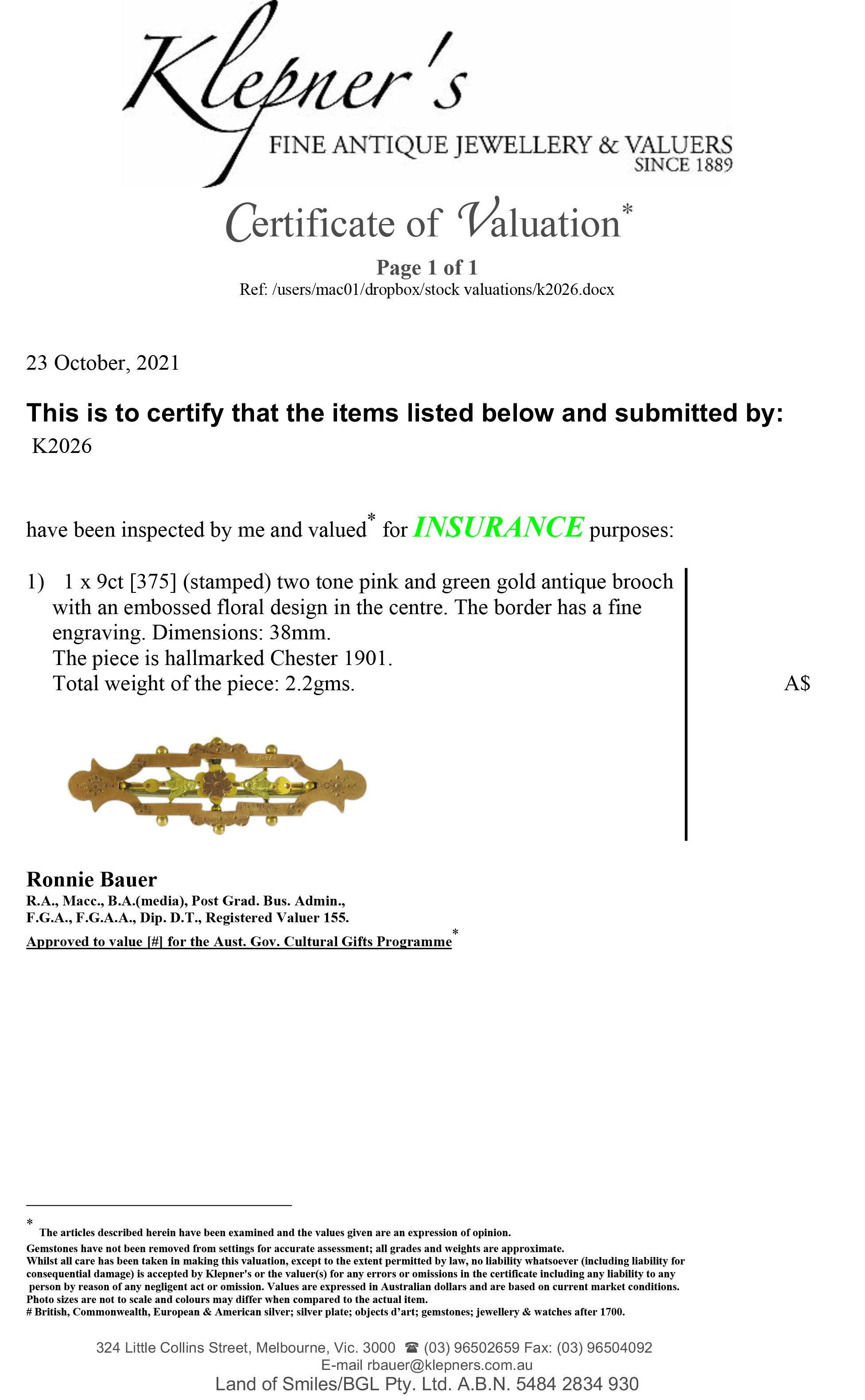 Edwardian 9ct rose and green gold brooch hallmarked Chester 1901