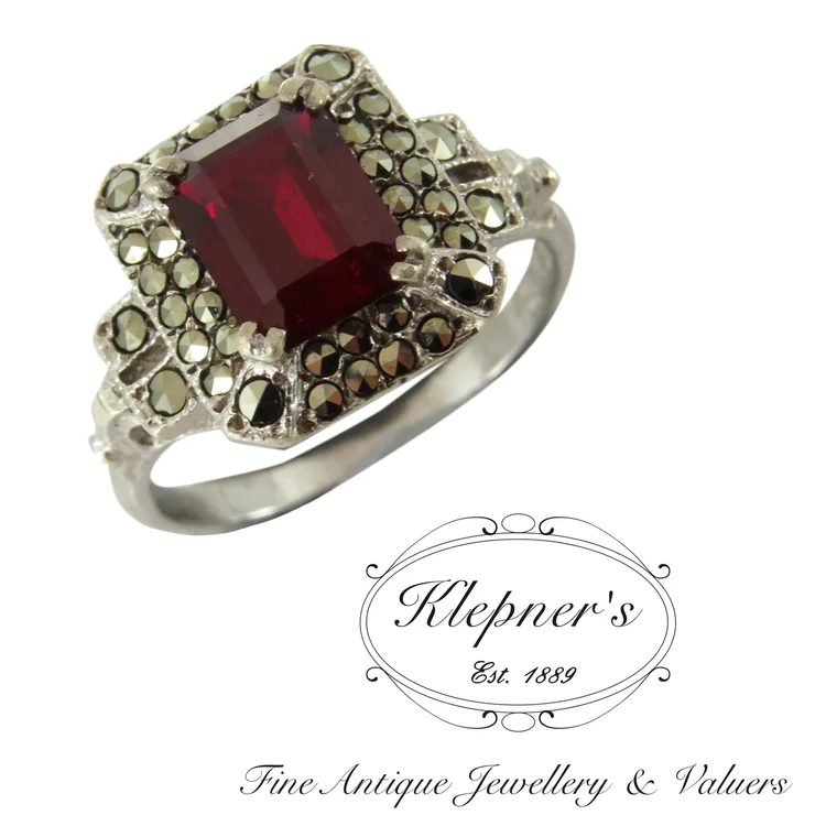 Art Deco sterling silver marcasite and red paste ring — Klepner's