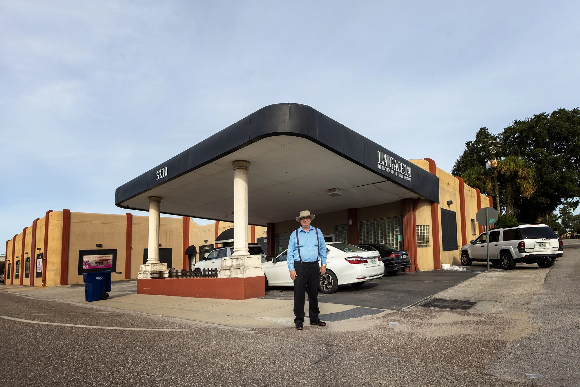 Patrick Manteiga, editor and publisher of La Gaceta Newspaper, stands in front of the paper’s home office in Ybor City, Tampa